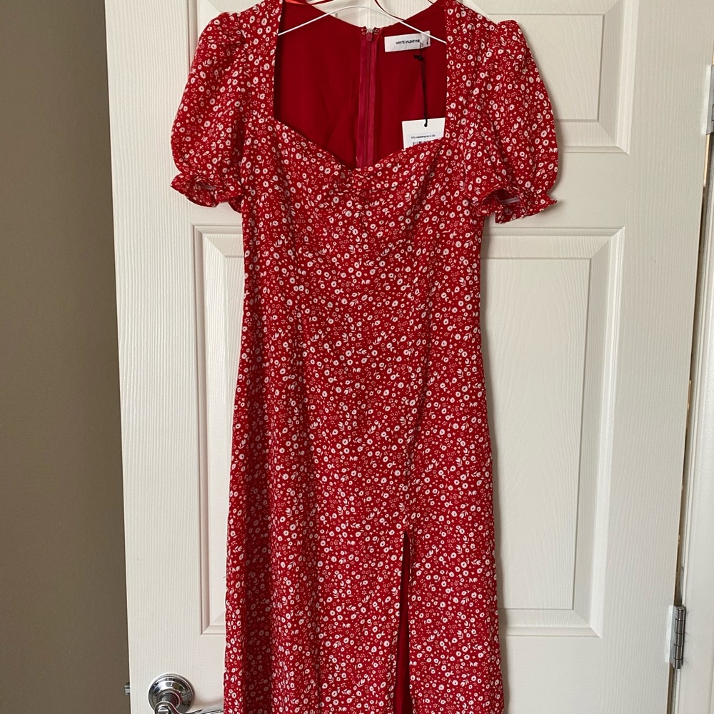 MIDI red floral dress with side slit